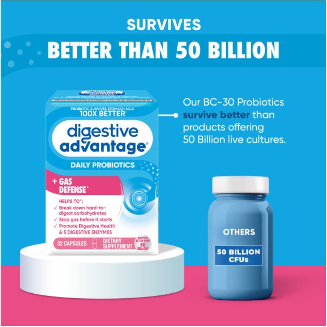 3 Pack Digestive Advantage Fast Acting Enzymes + Daily Probiotic Capsules - Prevent Gas & Aid in Food Breakdown - 32 Count