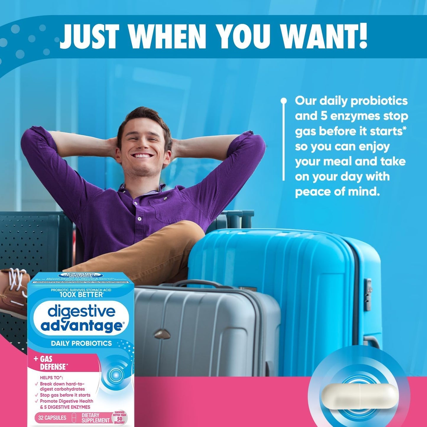 3 Pack Digestive Advantage Fast Acting Enzymes + Daily Probiotic Capsules - Prevent Gas & Aid in Food Breakdown - 32 Count