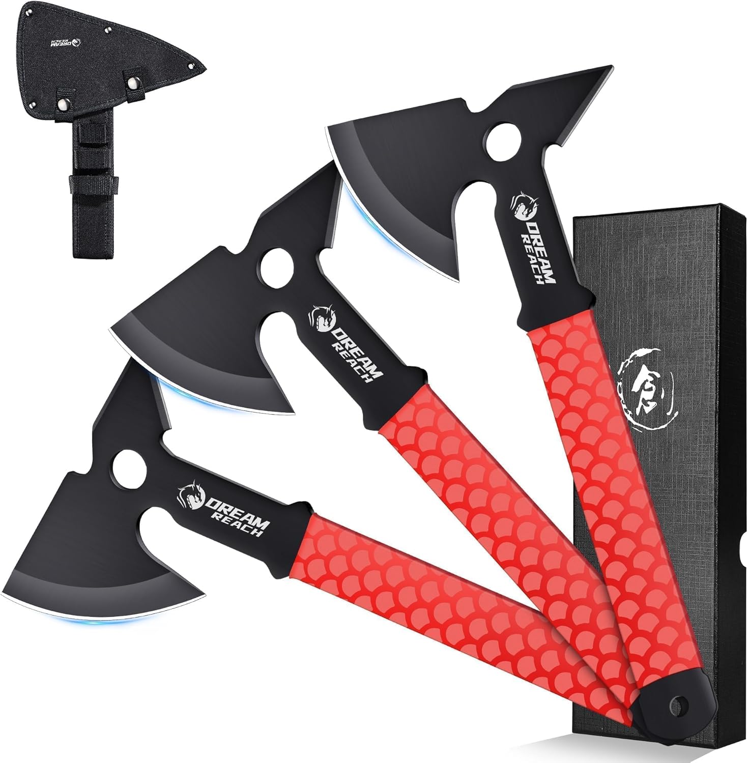 3-Pack Dream Reach Throwing Axe Set with Full Tang Handle, TPR Rubber Sleeve, and Sheaths - Safe for Recreation and Competition