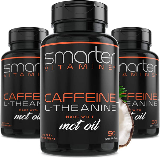 3-Pack Energy and Focus Supplement with Caffeine, L-Theanine, and MCT Oil - 200mg Caffeine Pills, Extended Release, 150 Softgels