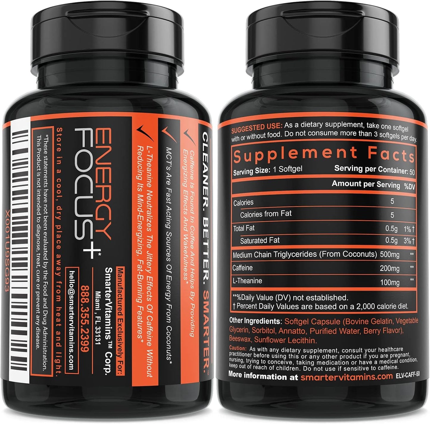 3-Pack Energy and Focus Supplement with Caffeine, L-Theanine, and MCT Oil - 200mg Caffeine Pills, Extended Release, 150 Softgels