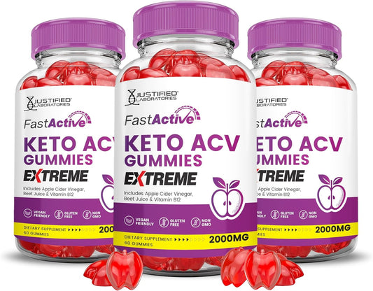 3 Pack Fast Active Keto ACV Gummies - 2000MG Extreme Strength with Pomegranate & Beet Juice - B12 Vegan Non GMO - 180 Gummies