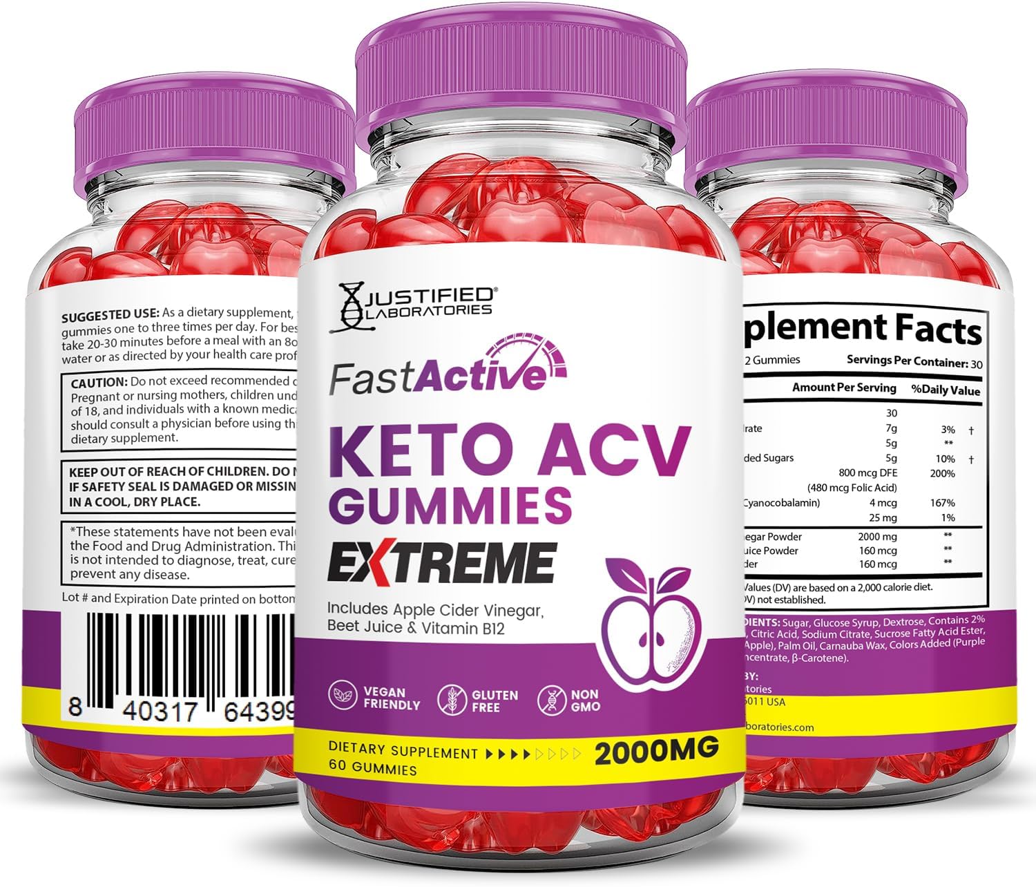 3 Pack Fast Active Keto ACV Gummies - 2000MG Extreme Strength with Pomegranate & Beet Juice - B12 Vegan Non GMO - 180 Gummies