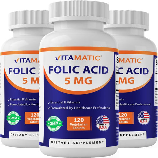3 Pack Folic Acid 5mg (5000 mcg) - 120 Vegetarian Tablets - Vitamin B9 Folate - Total 360 Tablets