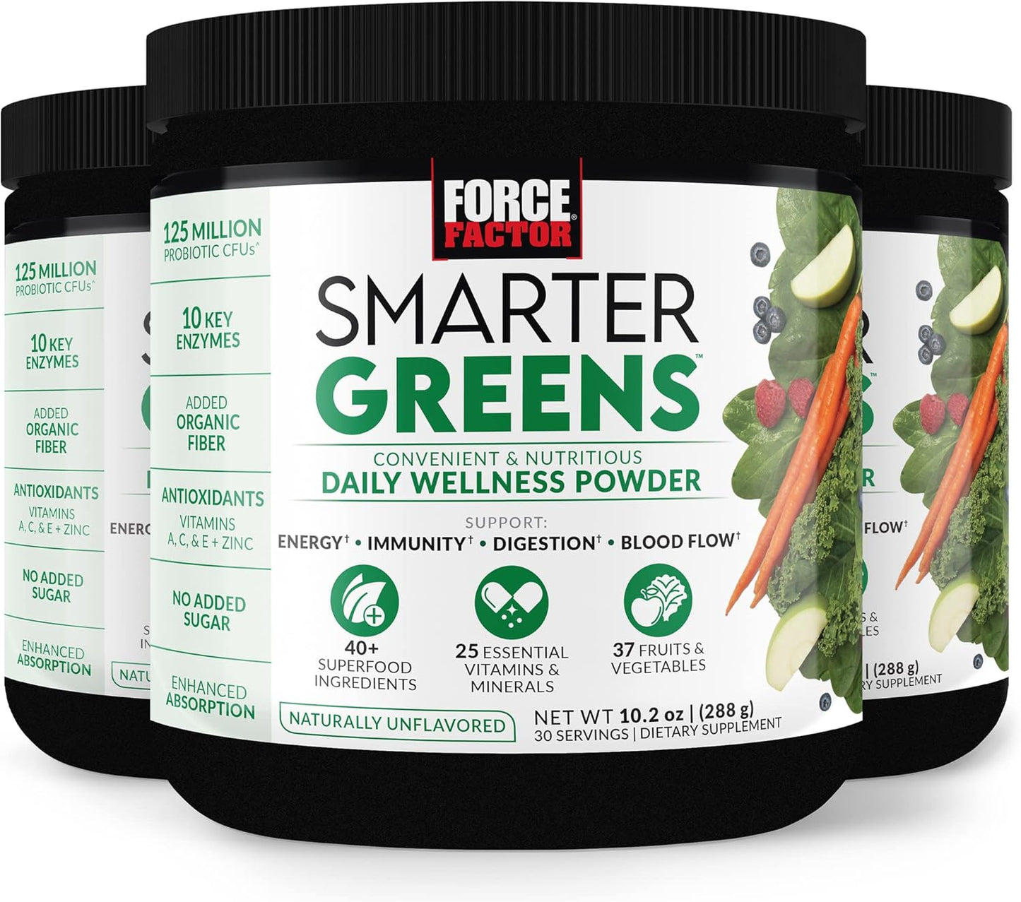 3-Pack Force Factor Smarter Greens Powder - Boost Energy, Immunity & Digestion with Superfood, Vitamins, Minerals & Probiotics, 90 Servings