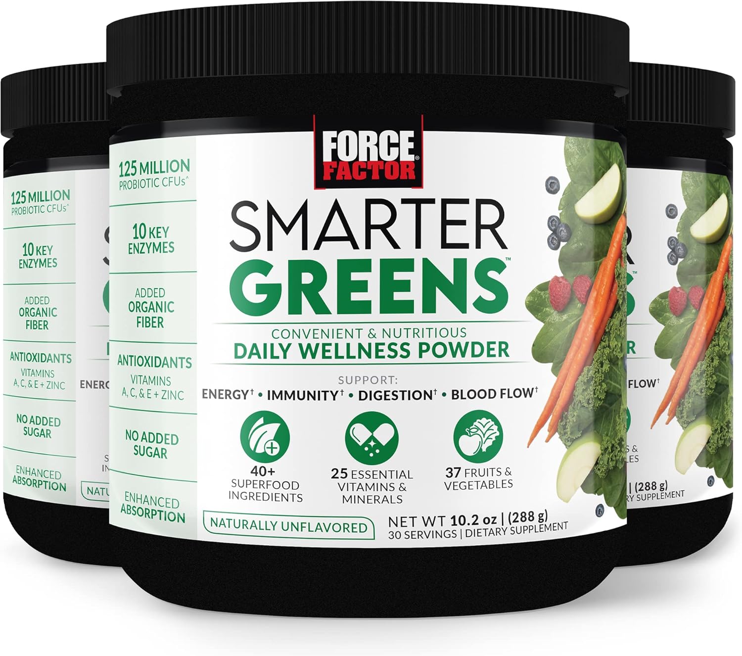 3-Pack Force Factor Smarter Greens Powder - Boost Energy, Immunity & Digestion with Superfood, Vitamins, Minerals & Probiotics, 90 Servings