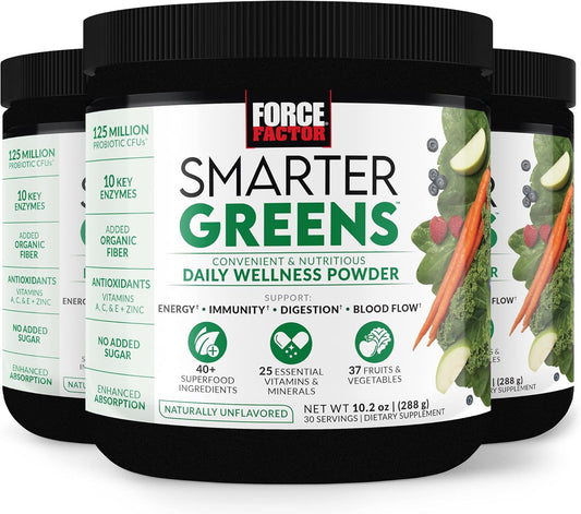 3-Pack Force Factor Smarter Greens Powder - Boost Energy, Immunity & Digestion with Superfood, Vitamins, Minerals & Probiotics, 90 Servings