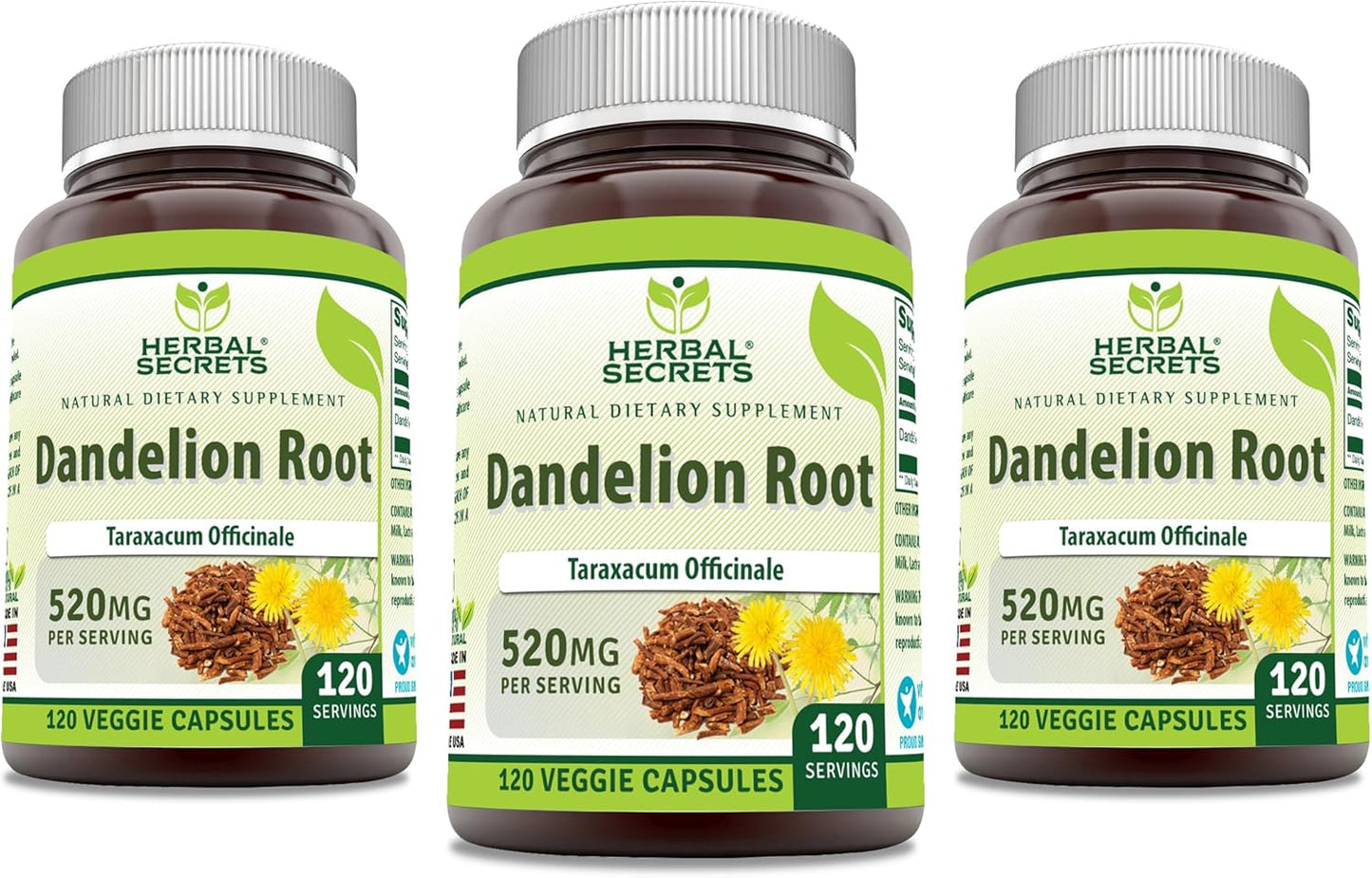 3 Pack Herbal Secrets Dandelion Root 520mg Veggie Capsules - 120 Count - Non-GMO & Gluten Free - Made in USA