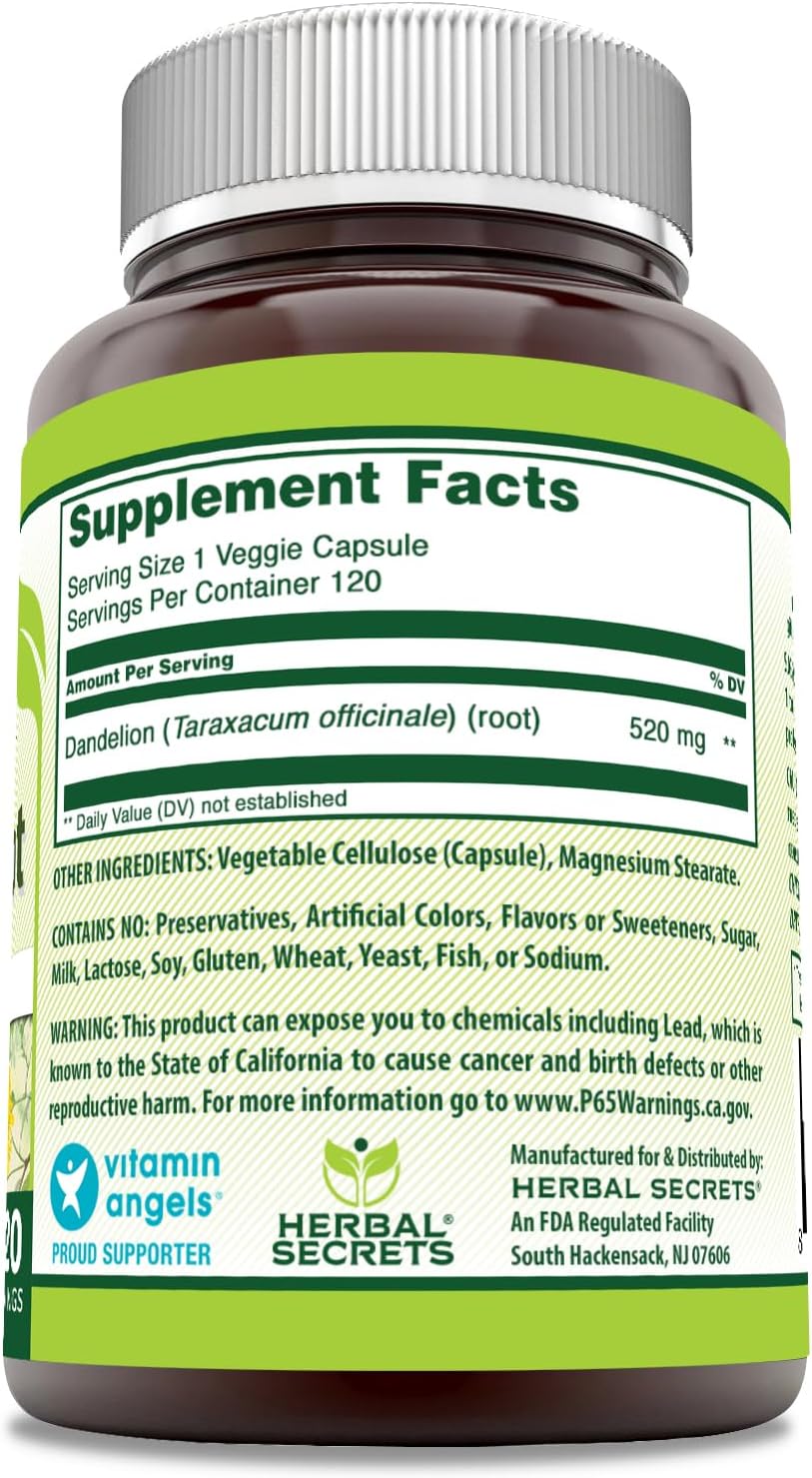 3 Pack Herbal Secrets Dandelion Root 520mg Veggie Capsules - 120 Count - Non-GMO & Gluten Free - Made in USA