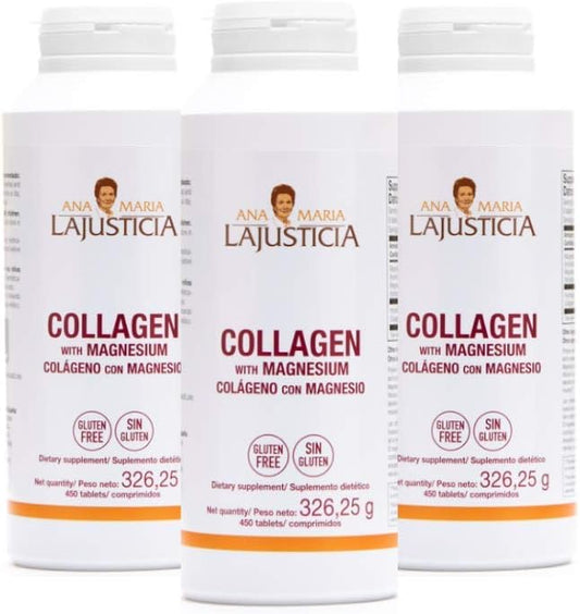 3 Pack High Absorption Collagen Pills with Magnesium by Ana María Lajusticia - Promotes Healthy Skin, Nails, Hair, and Ligaments. Natural Supplement with 450 Tablets.