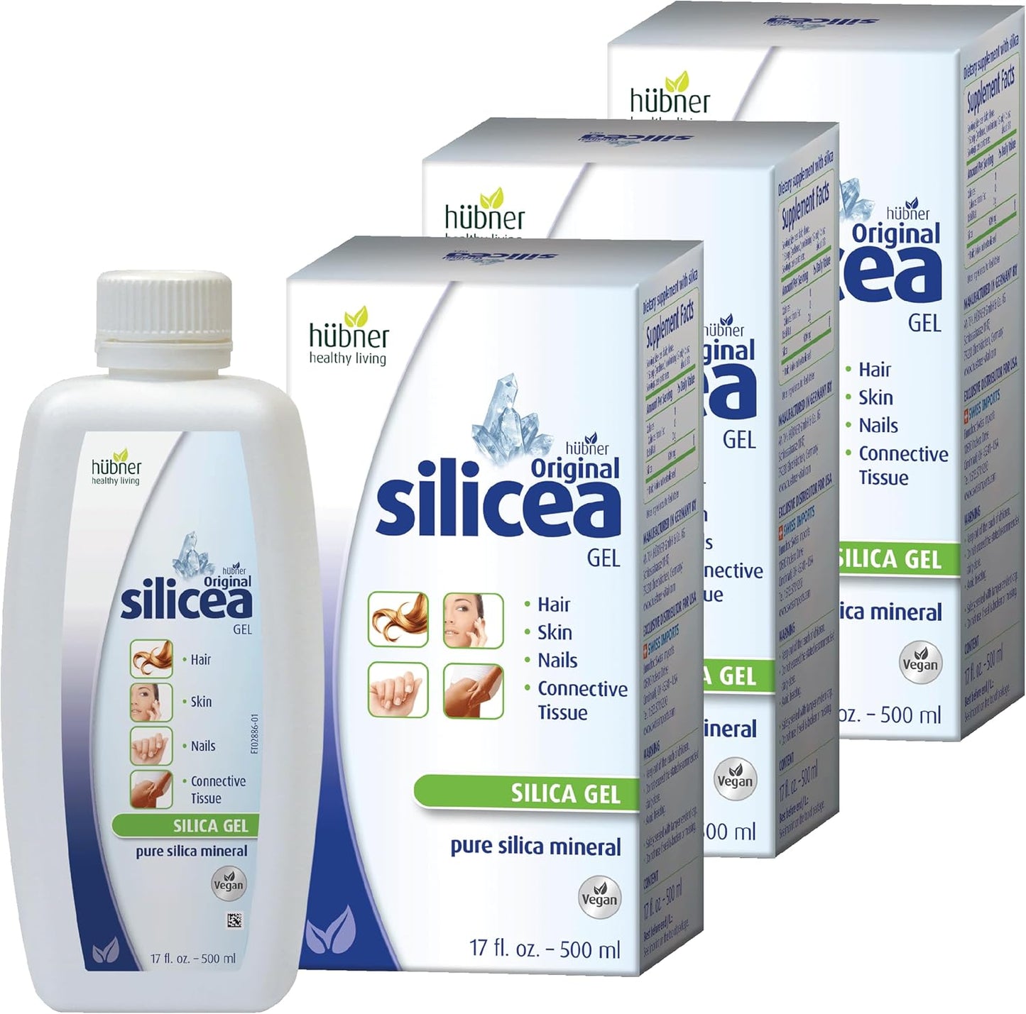 3 Pack Hubner Original Silicea Gel 17 fl oz - 500 ml for Hair, Skin, Nails & Connective Tissue - Pure Colloidal Silica Gel Formula with No Additives
