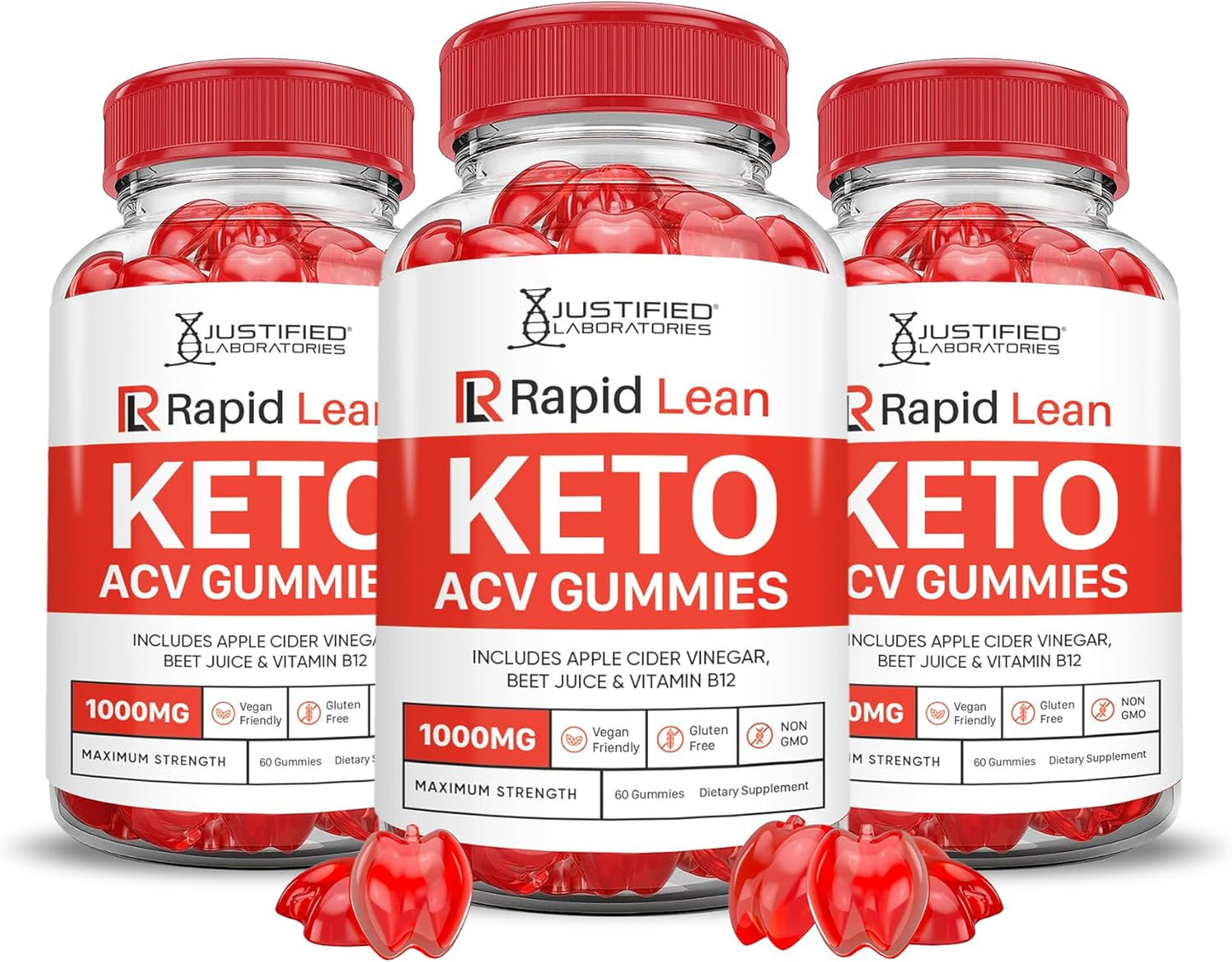 3 Pack Justified Laboratories Rapid Lean Keto ACV Gummies - 1000MG Advanced Formula with Apple Cider Vinegar and Pomegranate Beet Juice Powder - B12 Vegan Non GMO - 180 Gummys