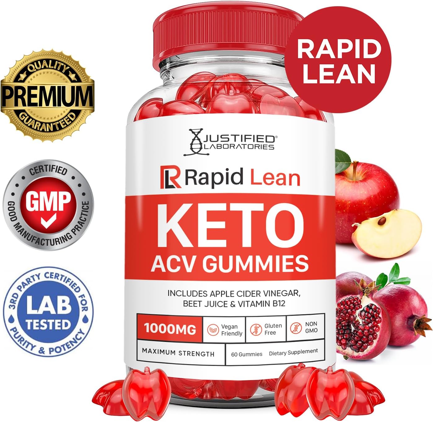 3 Pack Justified Laboratories Rapid Lean Keto ACV Gummies - 1000MG Advanced Formula with Apple Cider Vinegar and Pomegranate Beet Juice Powder - B12 Vegan Non GMO - 180 Gummys