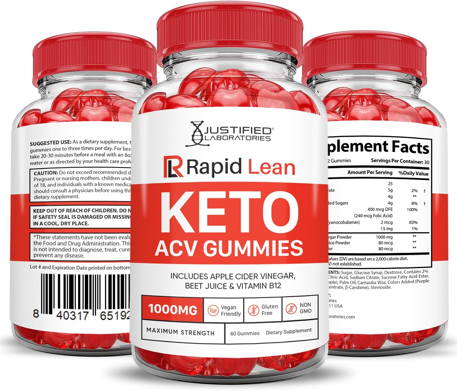 3 Pack Justified Laboratories Rapid Lean Keto ACV Gummies - 1000MG Advanced Formula with Apple Cider Vinegar and Pomegranate Beet Juice Powder - B12 Vegan Non GMO - 180 Gummys