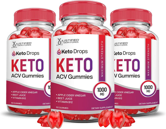 3 Pack Keto Drops Keto ACV Gummies - 1000MG Advanced Formula with Pomegranate Beet Juice Powder - B12 Vegan Non GMO 180 Gummys