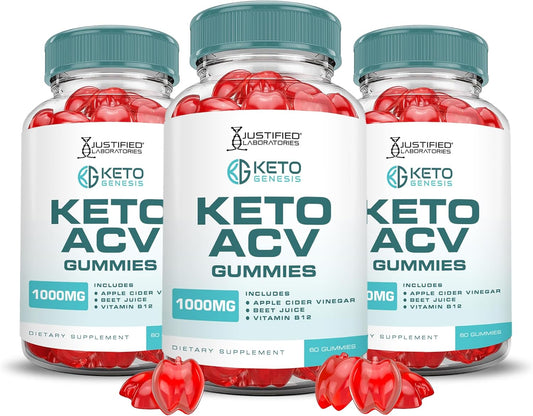 3 Pack Keto Genesis Keto ACV Gummies 1000MG with Pomegranate Beet Juice Powder - Apple Cider Vinegar Formula - Vegan - Non GMO - 180 Gummys