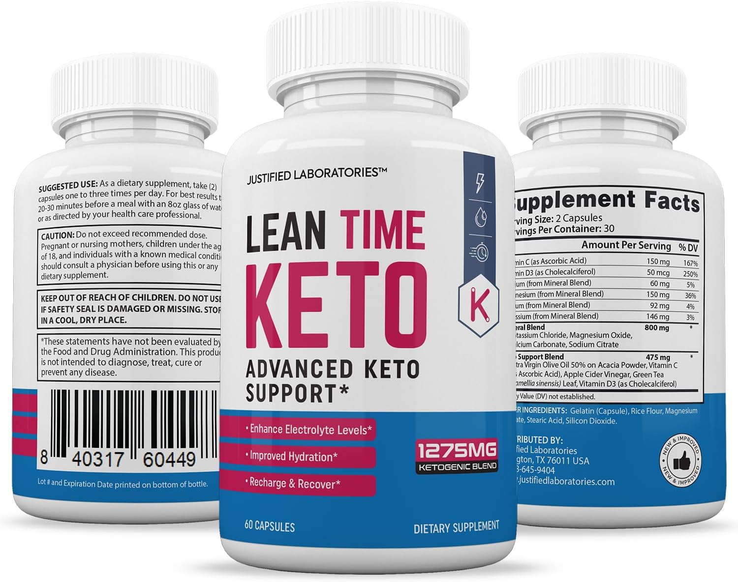 3 Pack Lean Time Keto Pills 1275MG with Apple Cider Vinegar & Green Tea - 180 Capsules