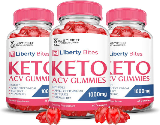 3 Pack Liberty Bites Keto ACV Gummies 1000MG - Apple Cider Vinegar with Pomegranate & Beet Juice - Vegan Non GMO - 180 Gummys