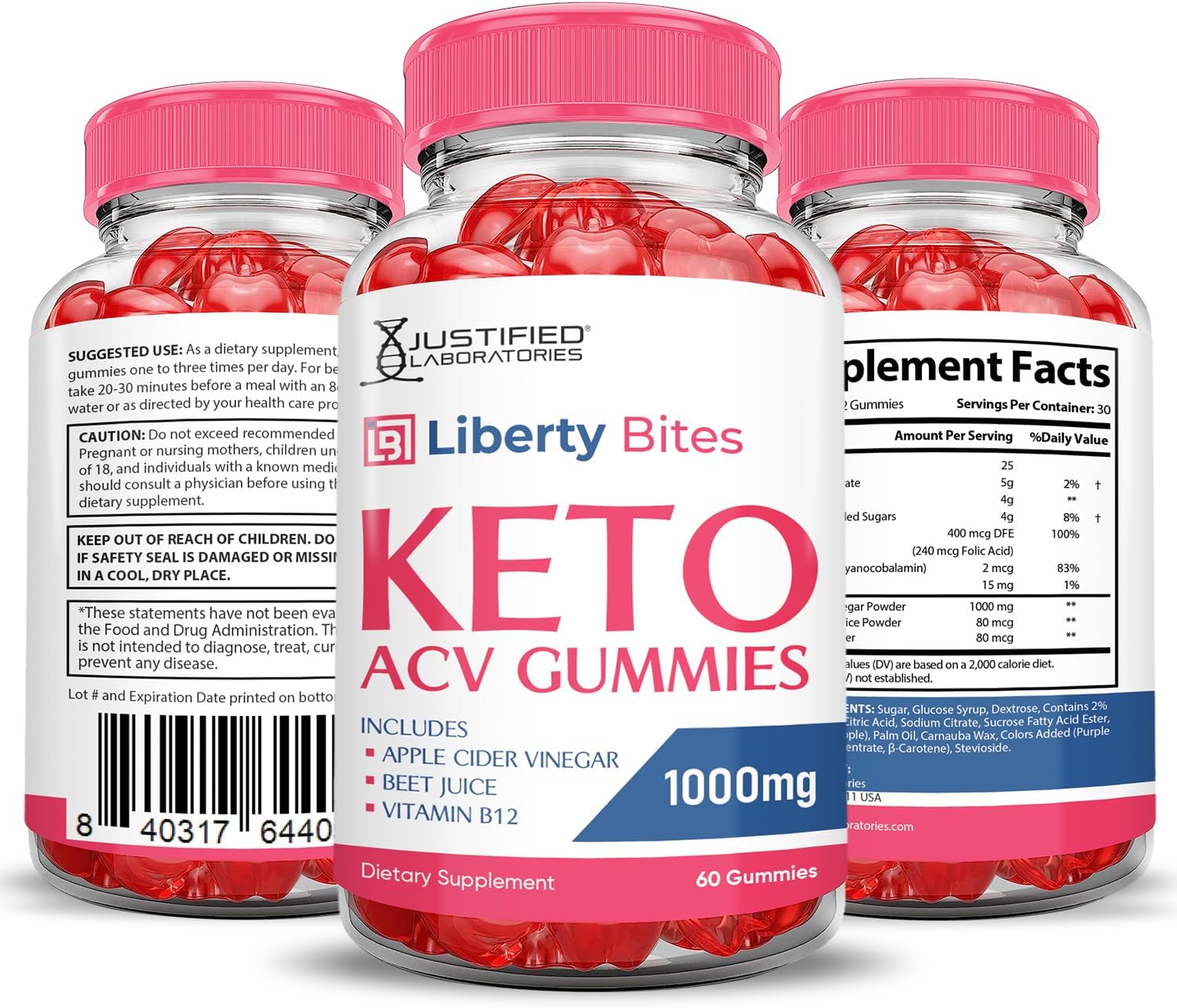 3 Pack Liberty Bites Keto ACV Gummies 1000MG - Apple Cider Vinegar with Pomegranate & Beet Juice - Vegan Non GMO - 180 Gummys