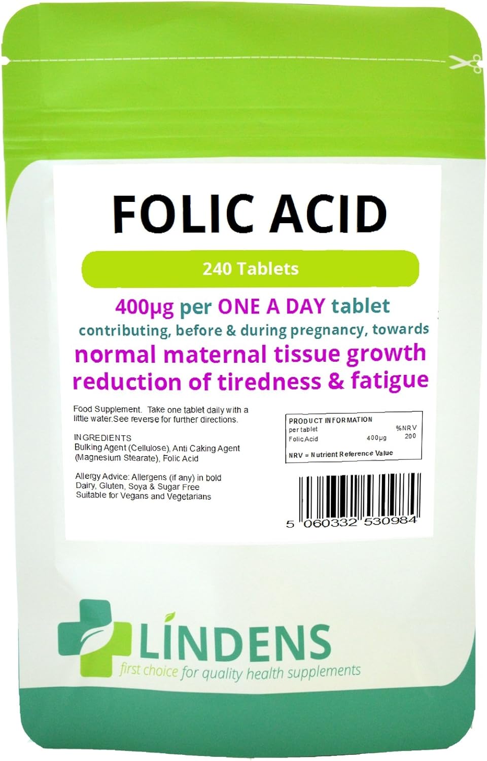 3-Pack Lindens Folic Acid Tablets - 720 Tablets, 400mcg, ONE A Day - Vitamin B-9 Supplement