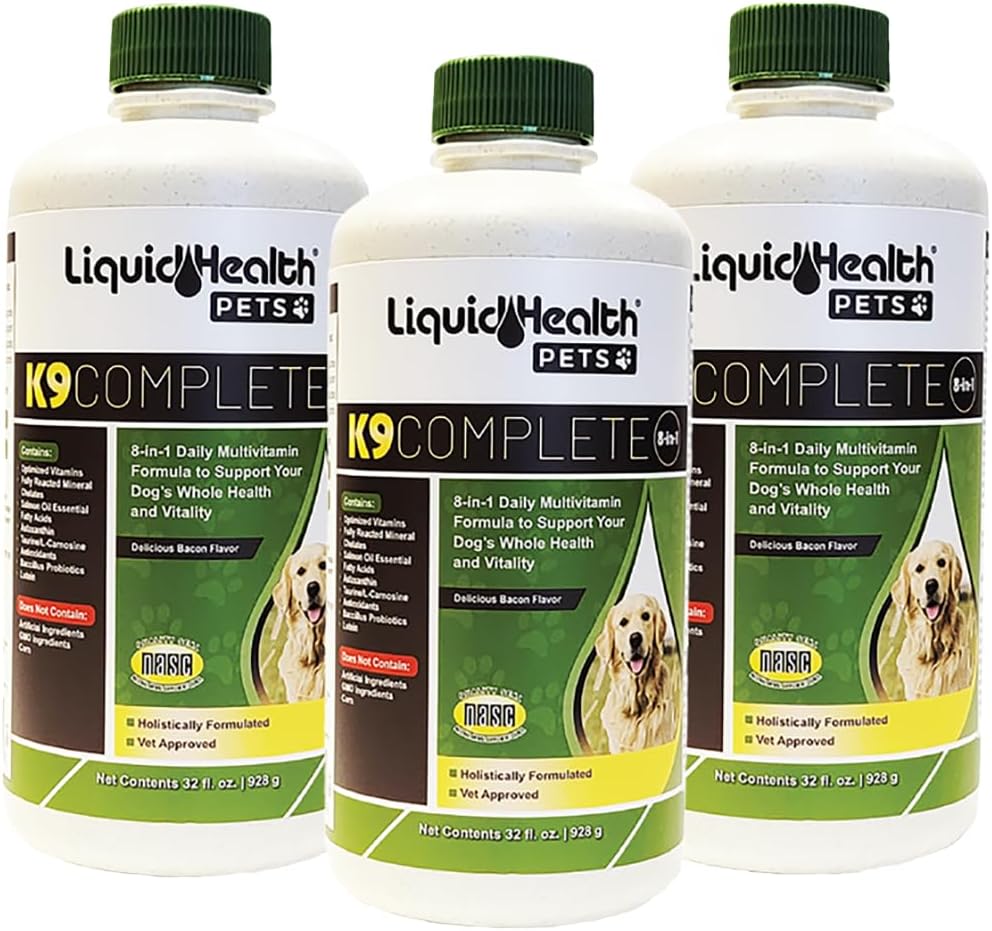 3 Pack LiquidHealth 32 Oz K9 Complete 8-in-1 Liquid Multivitamin for Dogs & Puppies - All in One Formula for Senior, Skin, Coat, Joint, & Immune Health