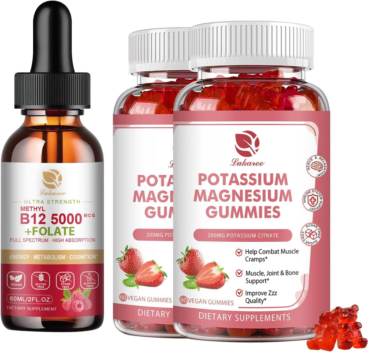 3-Pack Lukaree Magnesium Potassium Supplement Gummies with Vitamin B12 Sublingual Drops