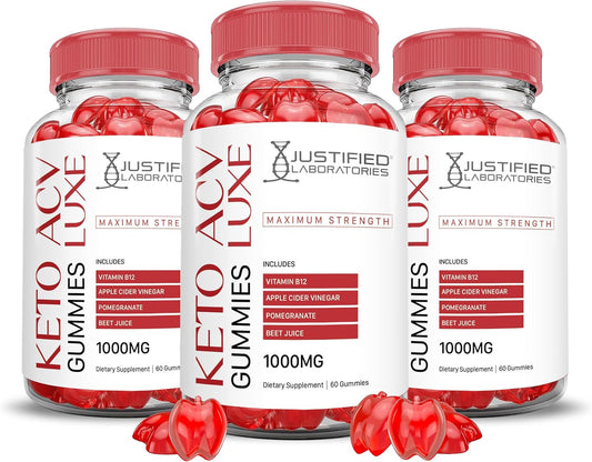 3 Pack Luxe Keto ACV Gummies (1000MG) with Pomegranate Beet Juice Powder - Vegan Non GMO Formula - 180 Gummies