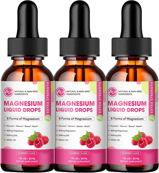 3 Pack Magnesium Liquid Drops - 8 in 1 Complex Supplement for Brain, Sleep, Nerve, Muscle, Bone, Cramps, Heart - Non-GMO & Gluten-Free