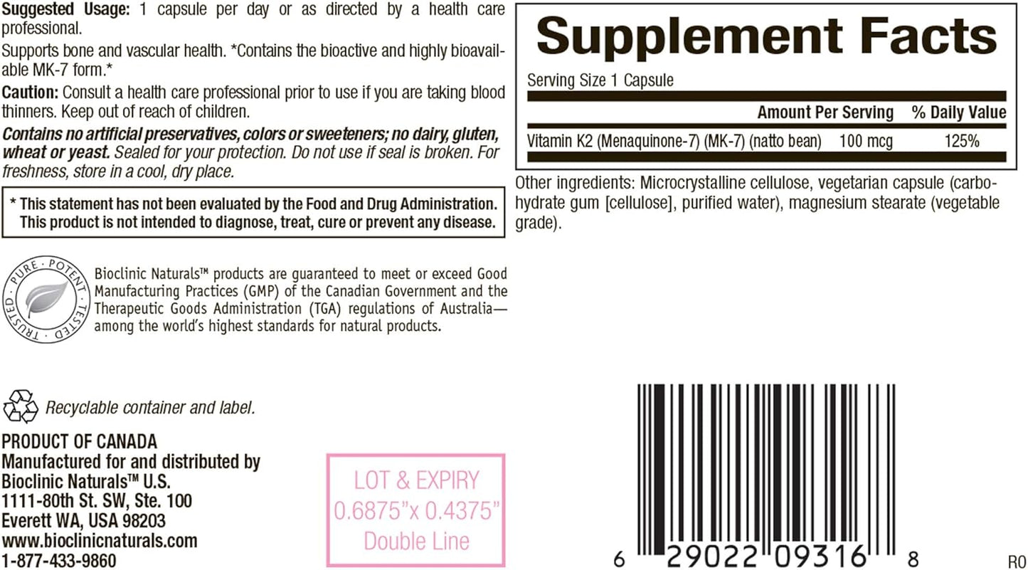 3 Pack of Bioclinic Naturals Vitamin K2 100mcg Capsules - 90 Count