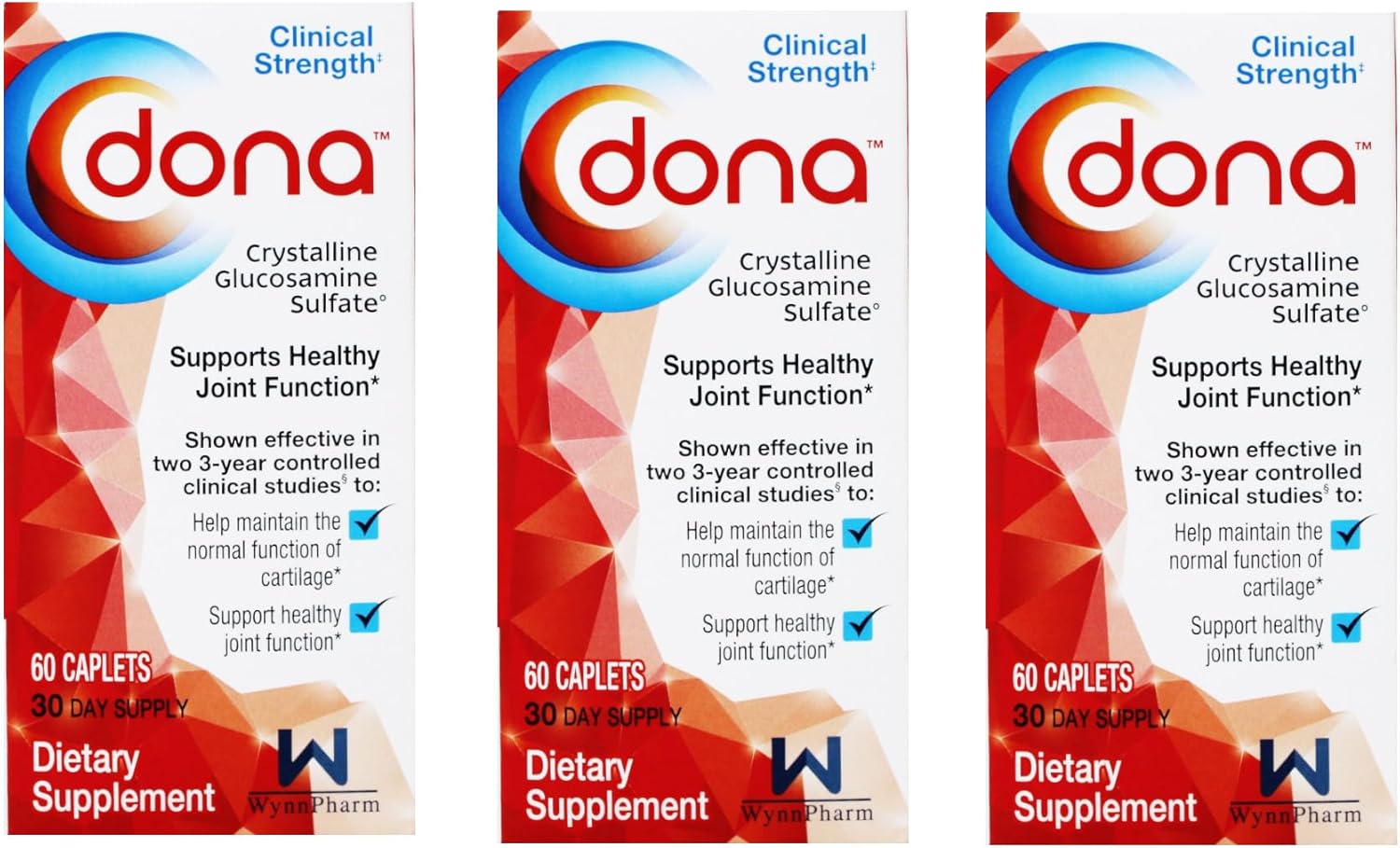 3 Pack of DONA Crystalline Glucosamine Sulfate Caplets for Joint Health - 180 Capsules Total