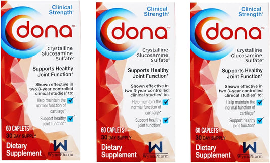 3 Pack of DONA Crystalline Glucosamine Sulfate Caplets for Joint Health - 180 Capsules Total