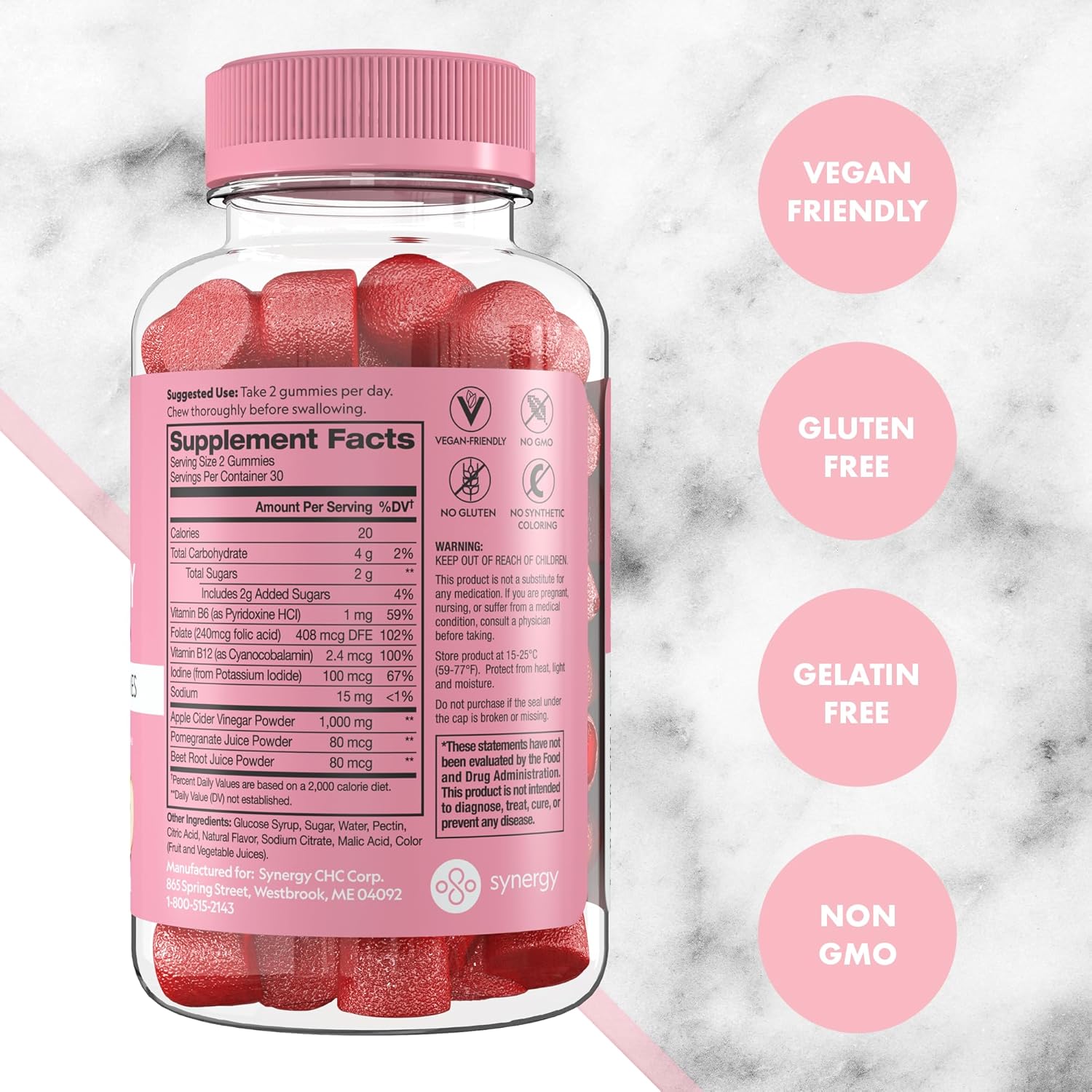 3 Pack of Flat Tummy Apple Cider Vinegar Gummies with Beet & Pomegranate Superfoods - Gut Health Support, Detox, Vegan, Non-GMO - 60 Count