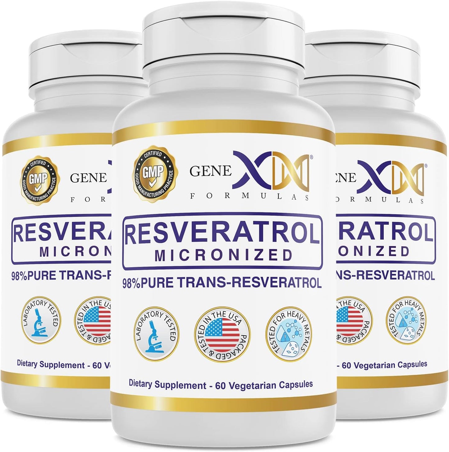 3 Pack of Genex Formulas 98% Pure Trans-Resveratrol Capsules with BioPerine® - 600mg Micronized, Lab-Tested Resveratrol for Healthy Aging
