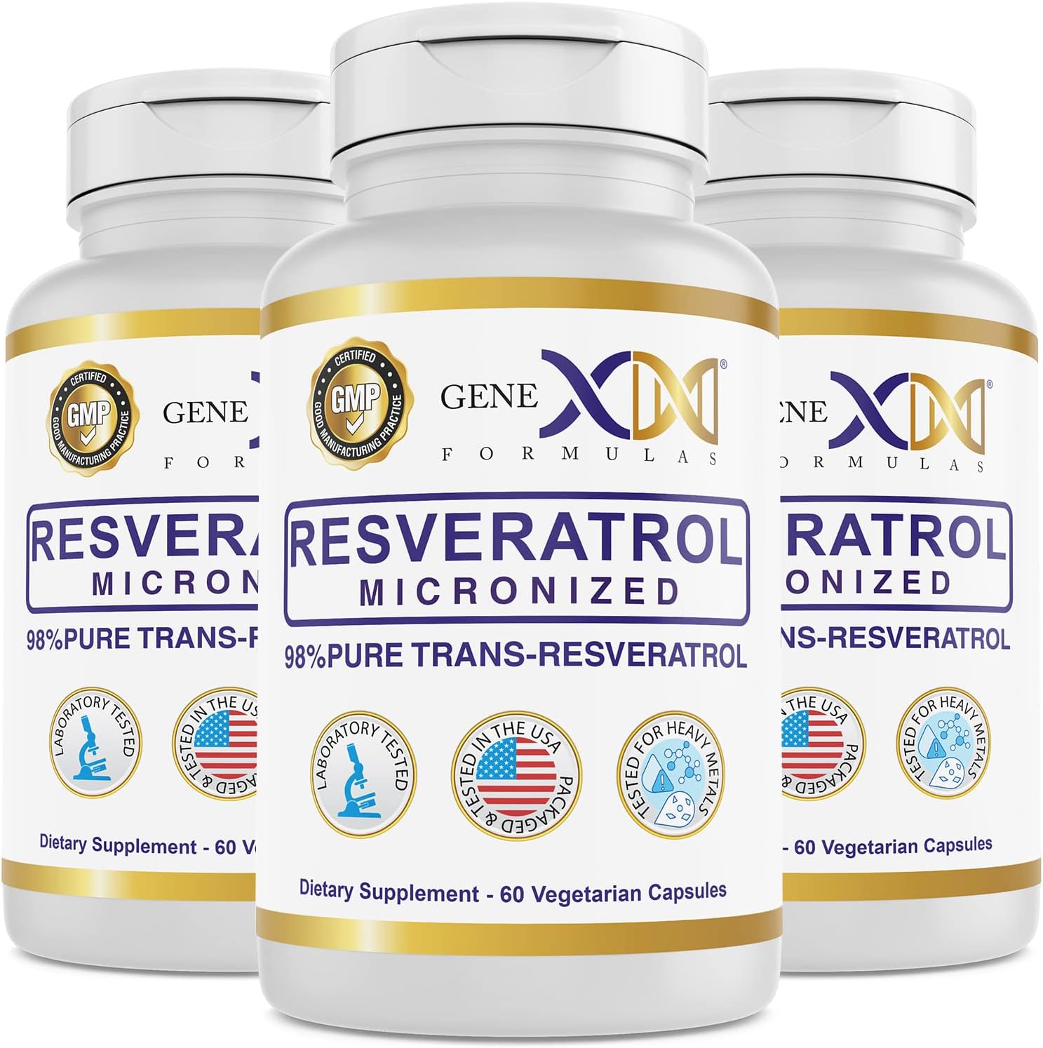 3 Pack of Genex Formulas 98% Pure Trans-Resveratrol Capsules with BioPerine® - 600mg Micronized, Lab-Tested Resveratrol for Healthy Aging