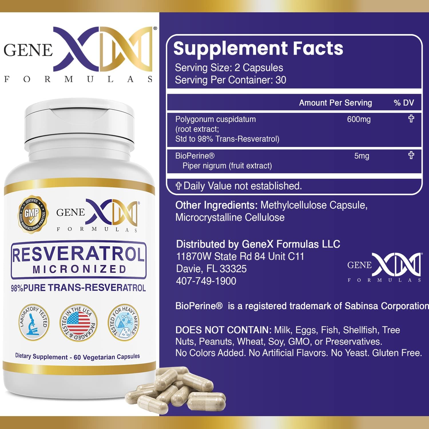 3 Pack of Genex Formulas 98% Pure Trans-Resveratrol Capsules with BioPerine® - 600mg Micronized, Lab-Tested Resveratrol for Healthy Aging