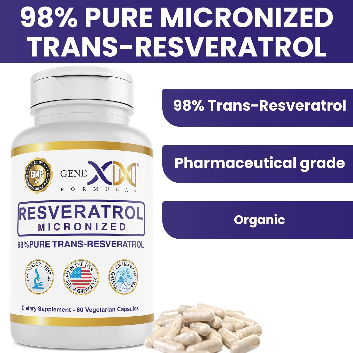 3 Pack of Genex Formulas 98% Pure Trans-Resveratrol Capsules with BioPerine® - 600mg Micronized, Lab-Tested Resveratrol for Healthy Aging