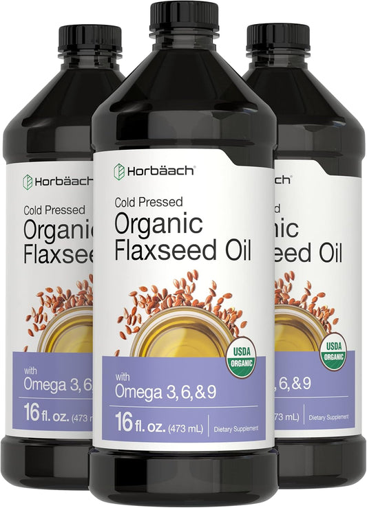 3 Pack of Horbäach Organic Flaxseed Oil - 16 fl oz Each - Cold Pressed - Omega 3, 6, 9 - Vegetarian, Non-GMO, Gluten Free