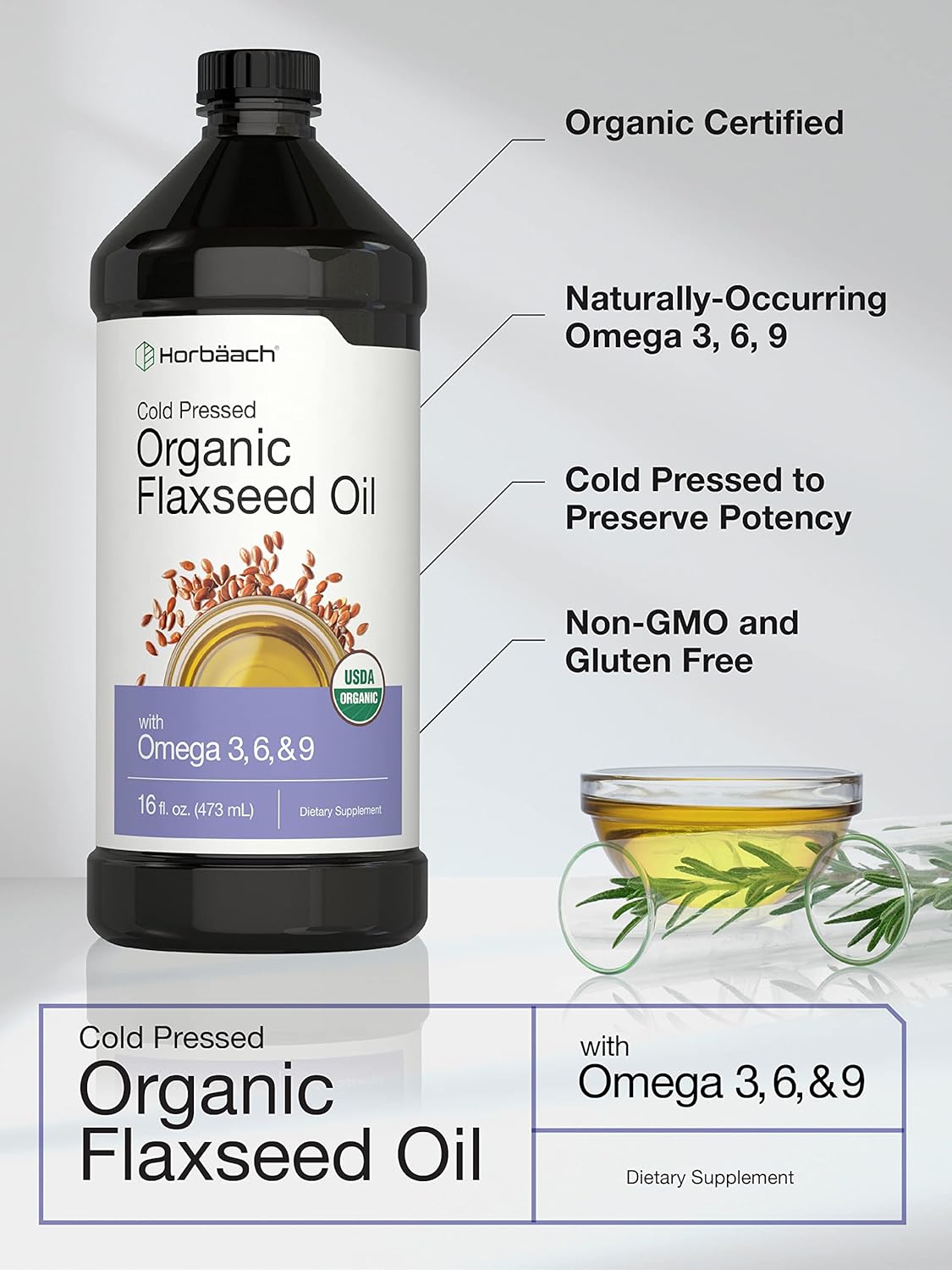 3 Pack of Horbäach Organic Flaxseed Oil - 16 fl oz Each - Cold Pressed - Omega 3, 6, 9 - Vegetarian, Non-GMO, Gluten Free