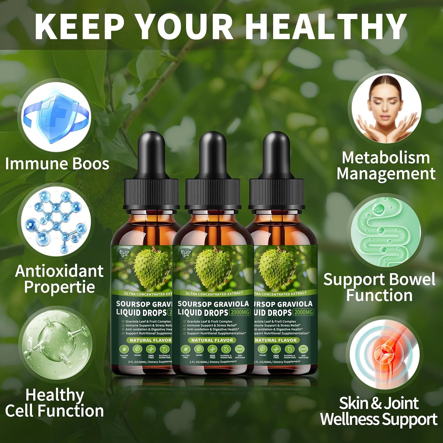 3 Pack of Hudetex Soursop Graviola Liquid Drops 2000mg - Supports Cell Regeneration, Immune Health, and Liver Function - Herbal Goodness - Liquid-Sugar/Gluten Free - Natural Flavor - 6 Fl Oz