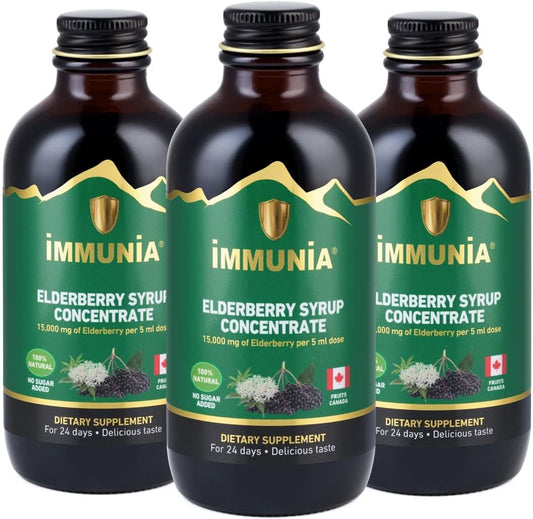 3-Pack of Immunia Elderberry Syrup with Elderflower, Thyme, Peppermint - Immune System Support, No Added Sugar, 24-Day Supply/Bottle