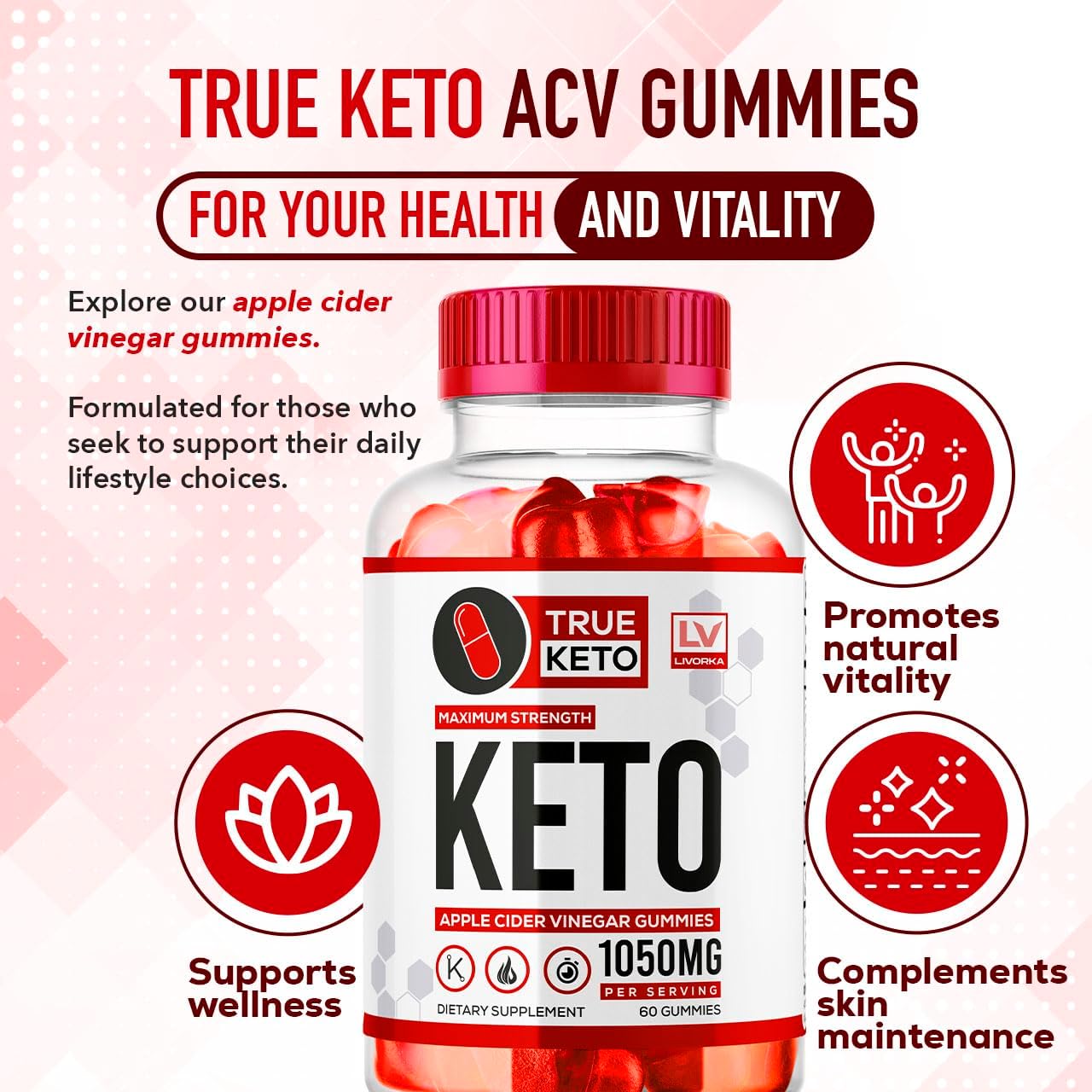 3 Pack of LIVORKA True Keto Apple Cider Vinegar Gummies - 180 Gummies for 3 Months of True Keto Support