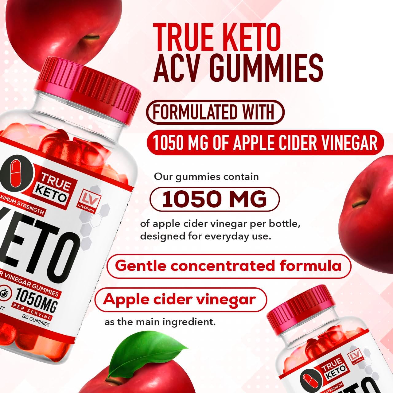 3 Pack of LIVORKA True Keto Apple Cider Vinegar Gummies - 180 Gummies for 3 Months of True Keto Support