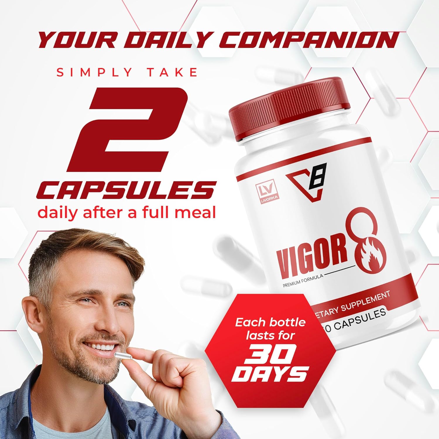 3 Pack of LIVORKA Vigor 8 Male Supplement Pills - Premium Formula with 180 Capsules for 3 Months