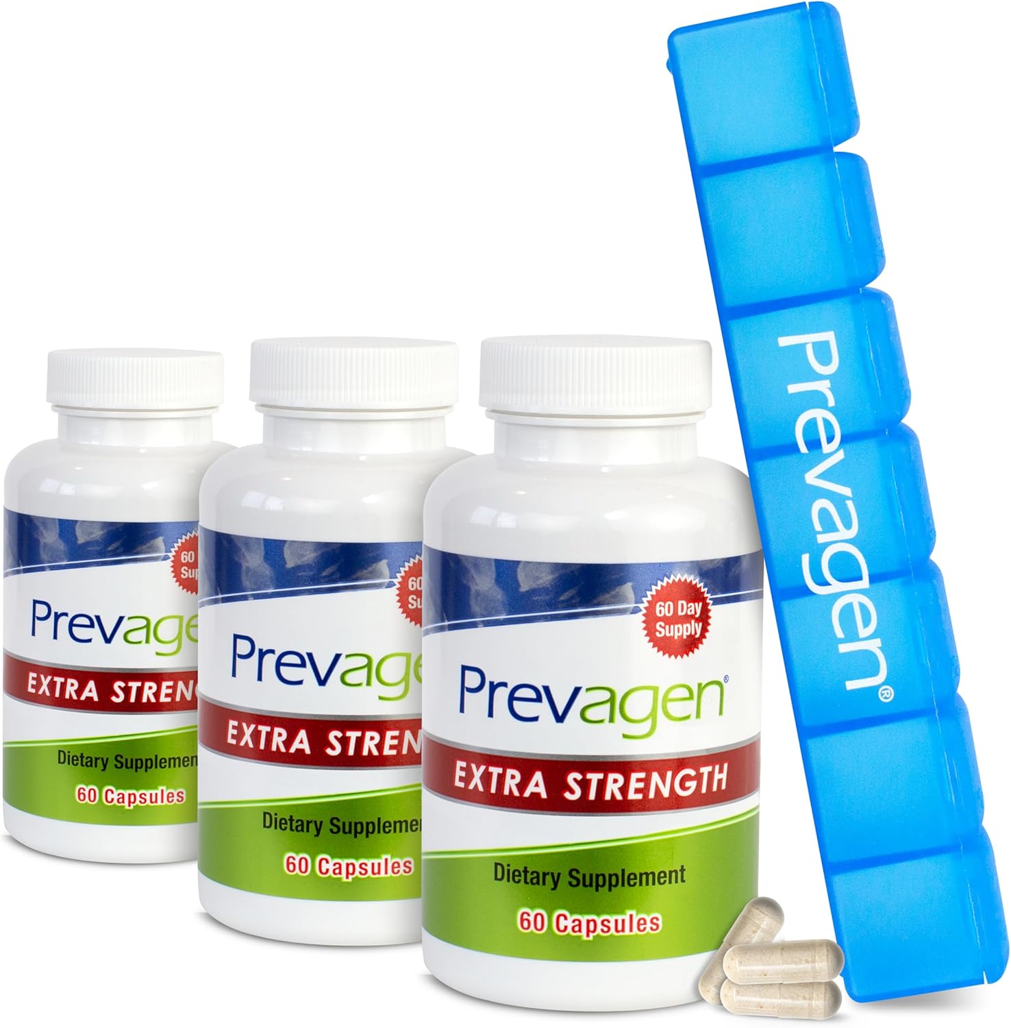 3 Pack of Prevagen Extra Strength 20mg Capsules with Apoaequorin, Vitamin D, and 7-Day Pill Minder