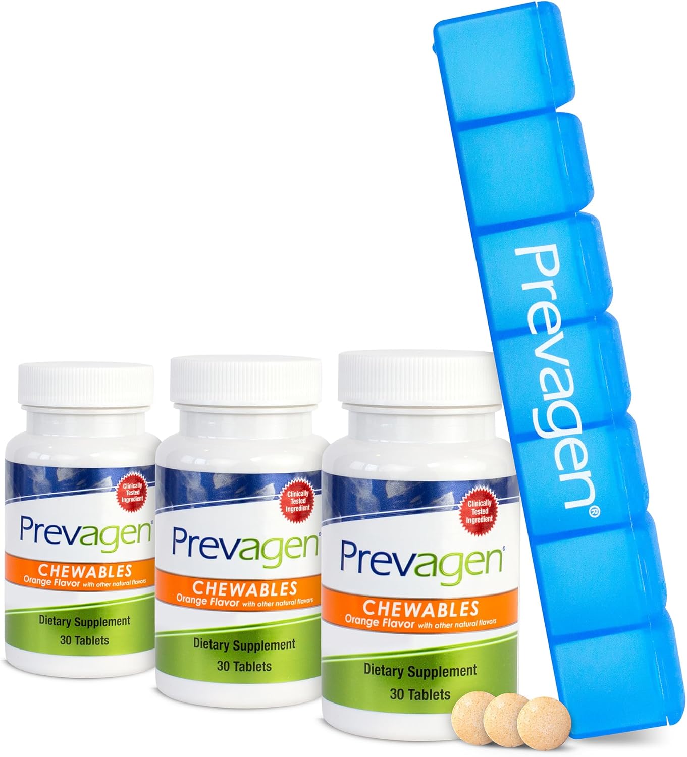 3-Pack of Prevagen Regular Strength Chewables with Apoaequorin, Vitamin D, and Pill Minder - 30 Count