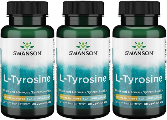3 Pack of Swanson Ajipure L-Tyrosine 500mg Veg Capsules - Pharmaceutical Grade Amino Acid Supplement