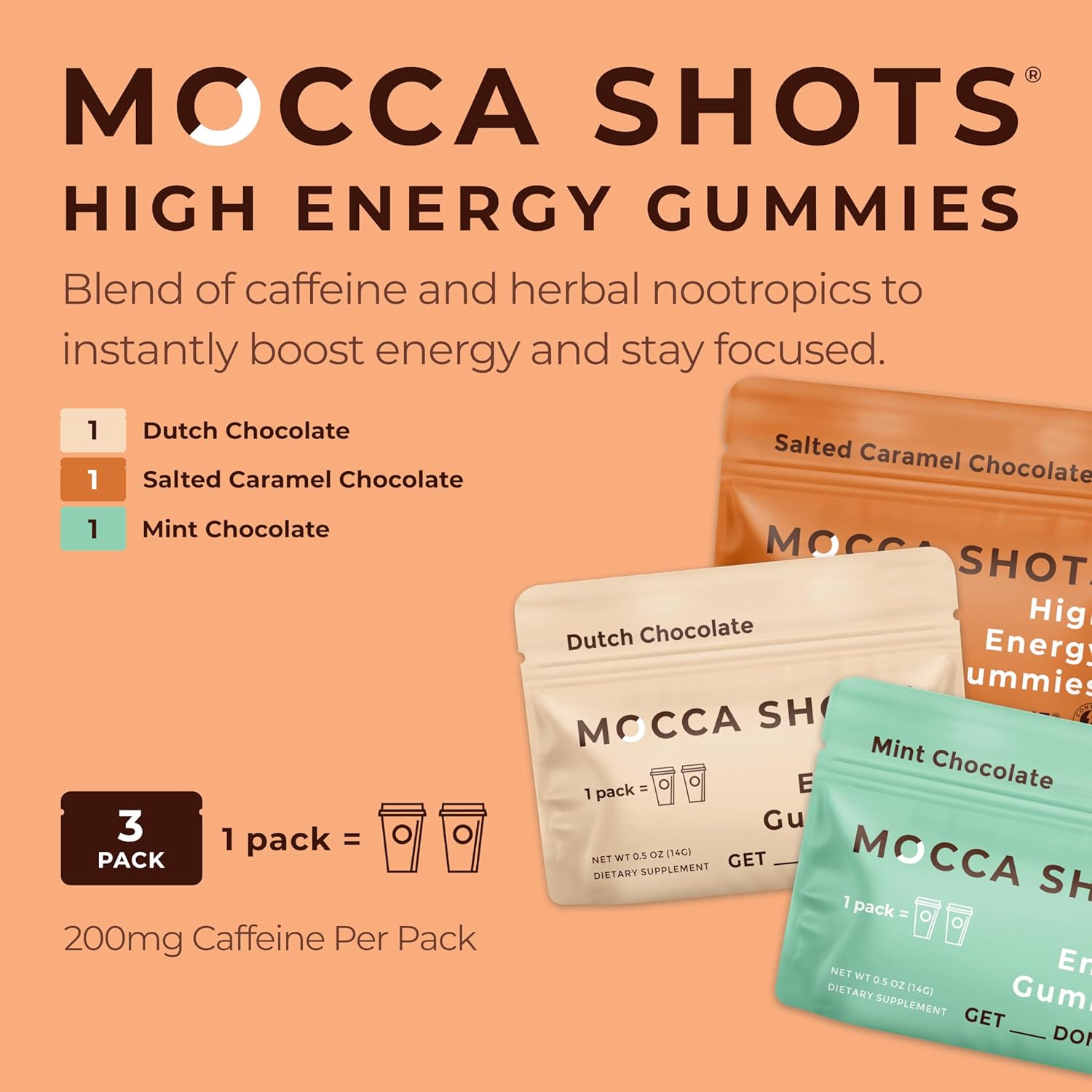 3-Pack of Vegan Caffeine Energy Chews - 200mg per Pack - Gluten-Free and Plant-Based Energy Gummies for an Instant Boost