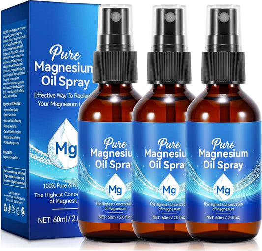 3 Pack Organic High Concentration Magnesium Oil Spray for Easy Absorption - 4 fl oz Glass Bottles - Replenish Body's Magnesium Levels