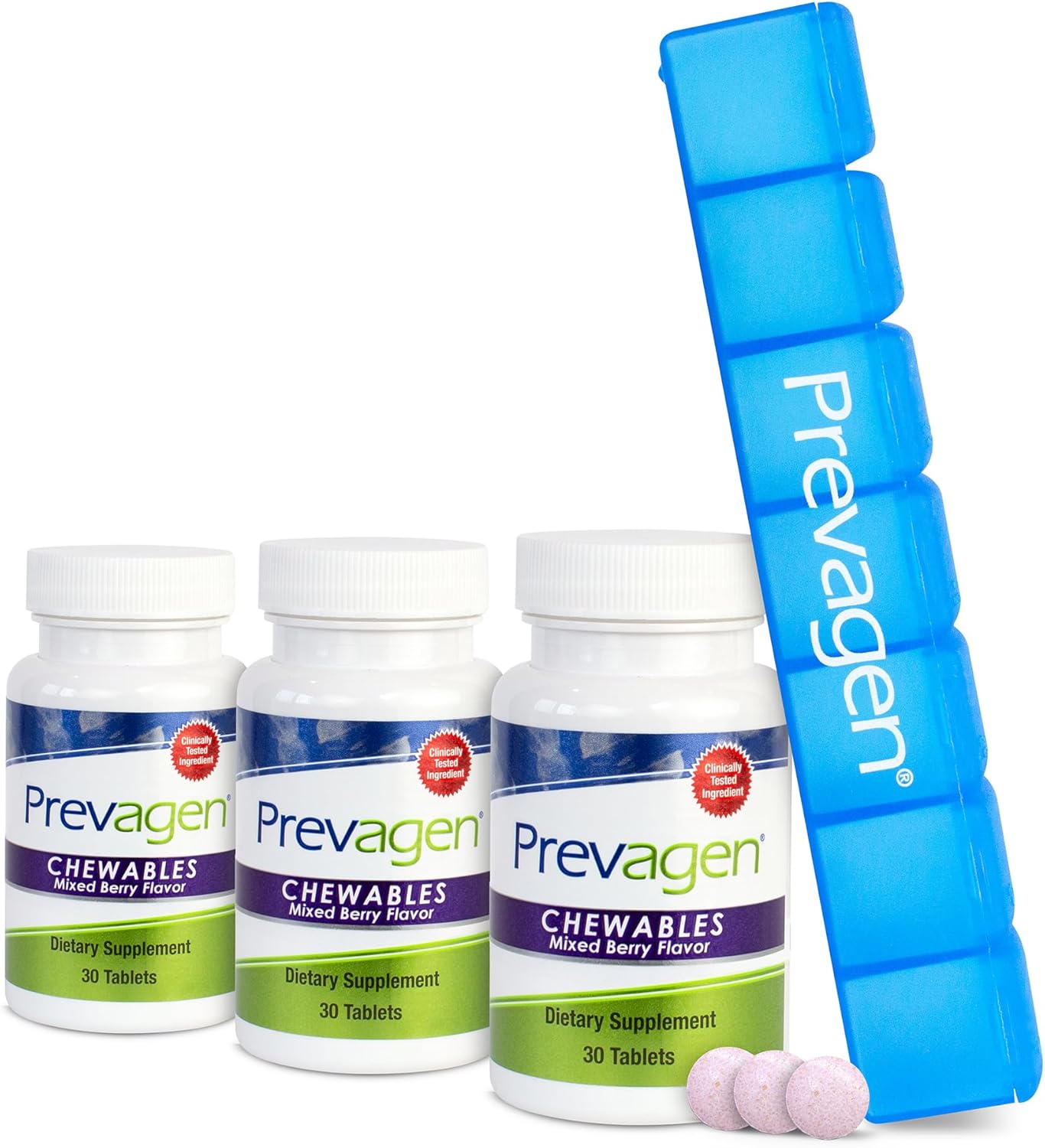 3-Pack Prevagen Regular Strength Chewables with Apoaequorin & Vitamin D - Mixed Berry Flavor - Includes 7-Day Pill Minder