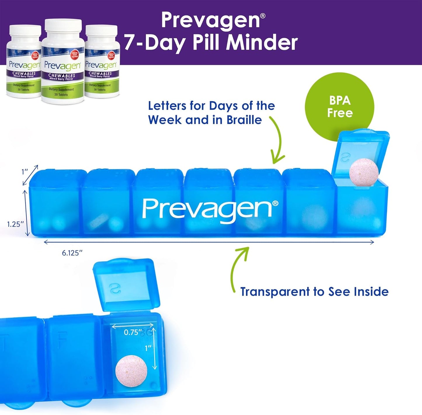 3-Pack Prevagen Regular Strength Chewables with Apoaequorin & Vitamin D - Mixed Berry Flavor - Includes 7-Day Pill Minder